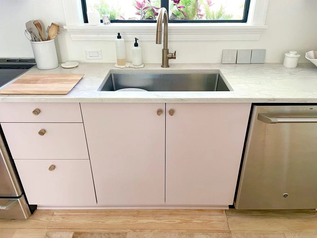 Painted Ikea Kitchen Cabinets Wrapped up Under Sink