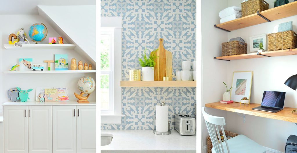 Three Hands-on floating shelf ideas in playroom ktichen and office