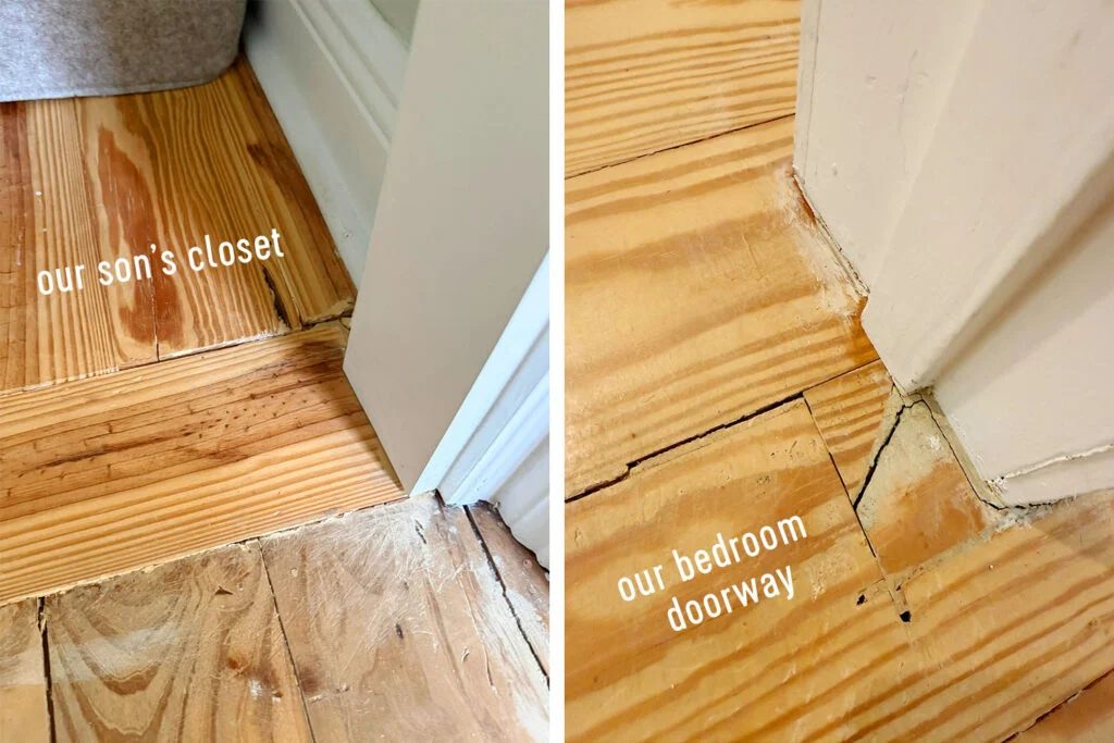 Close Up Of Pine Floor Damage In Doorways