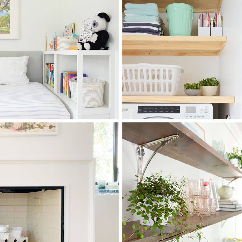 Grid of Four Hands-on Building Projects | Bedside Bookcase | Plywood Shelves | Modern Fireplace Mantle | Rustic Floating Shelves