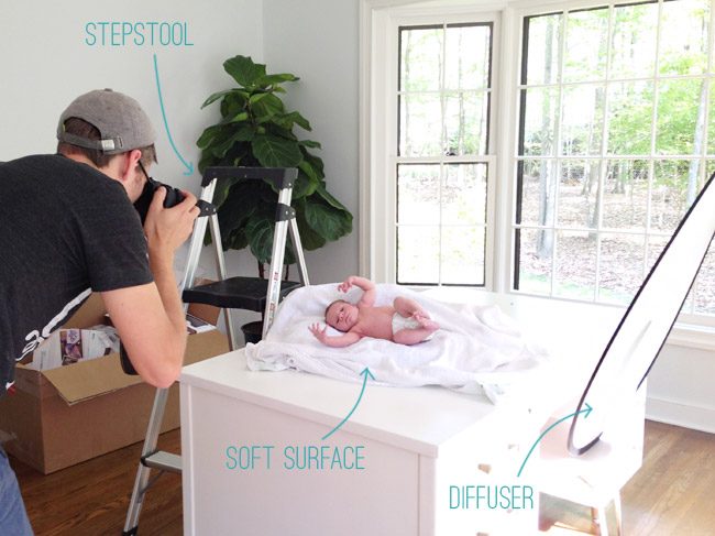 Materials And Tools For Homemade Hands-on Newborn Photo Shoot | Step Stool | Soft Surface | Diffuser