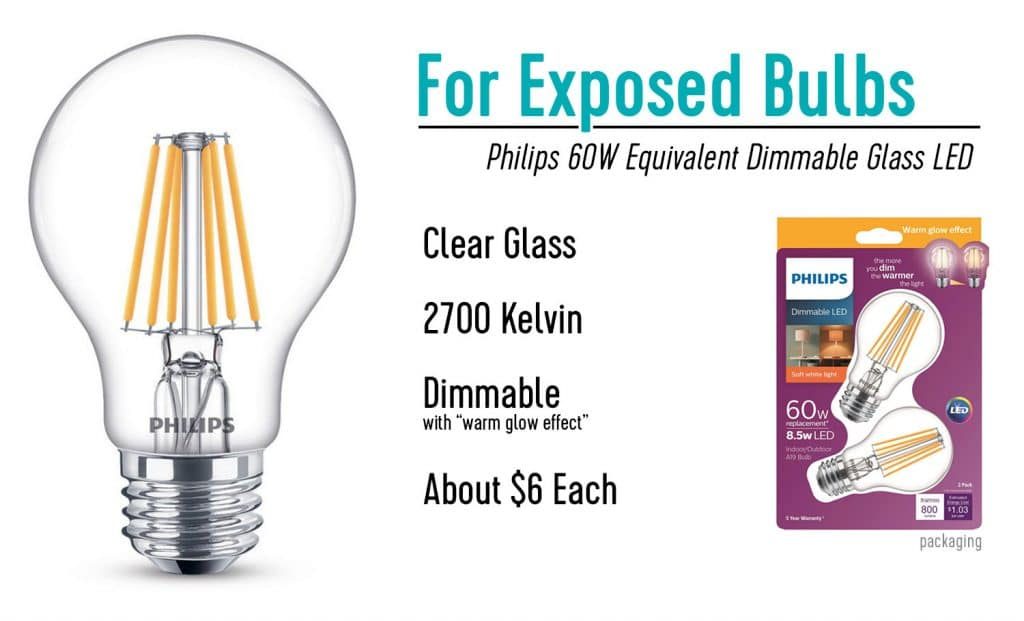 Our go-to light bulb for Exposed LED bulbs the Philips 60W Dimmable