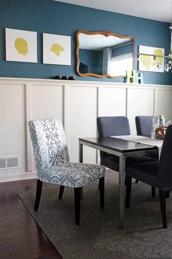 A Dining Room Alongside Board & Batten And Dark Blue Walls