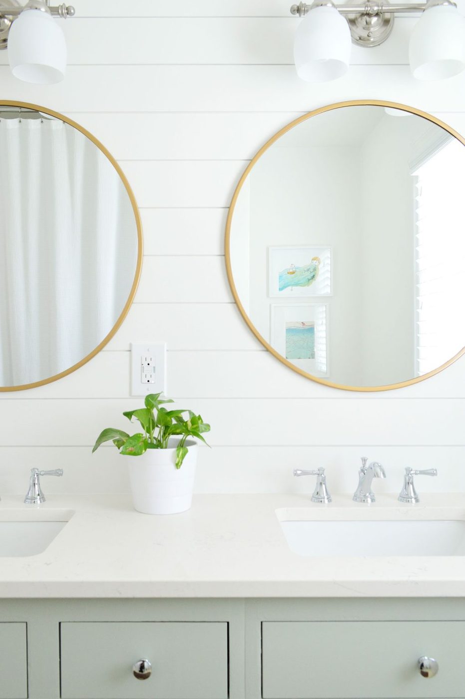 Shiplap Bathroom With Green Cabinets Round Gold Mirrors Extra White Walls