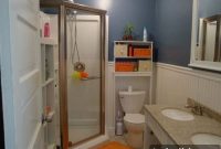 Dark Blue Bathroom Design with Corner Shower Ideas