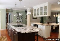 Classic Kitchen Design: Granite Island and White Glass Cabinets