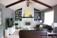 Painted White Brick Fireplace in a Vaulted Living Room Ideas
