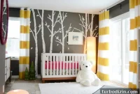 Dark Gray Nursery with Tree Mural and Striped Curtains