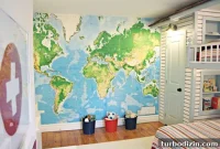 Kids’ Bedroom with World Map Wallpaper and Bunk Beds