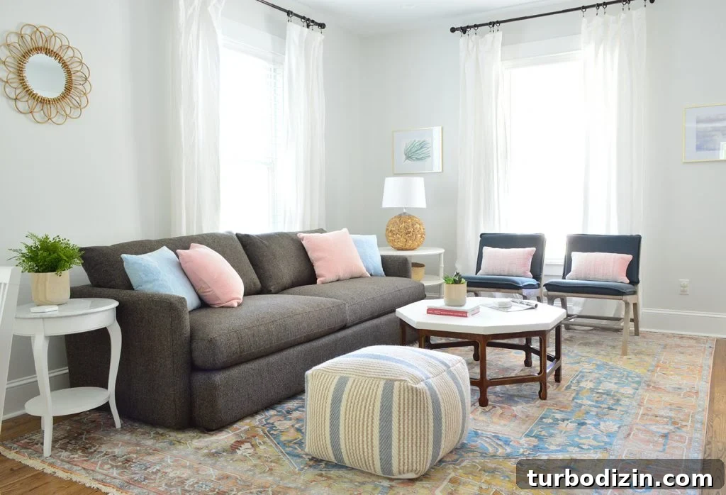 Duplex Living Room With Neutral Traditional Rug Crate And Barrel Sofa
