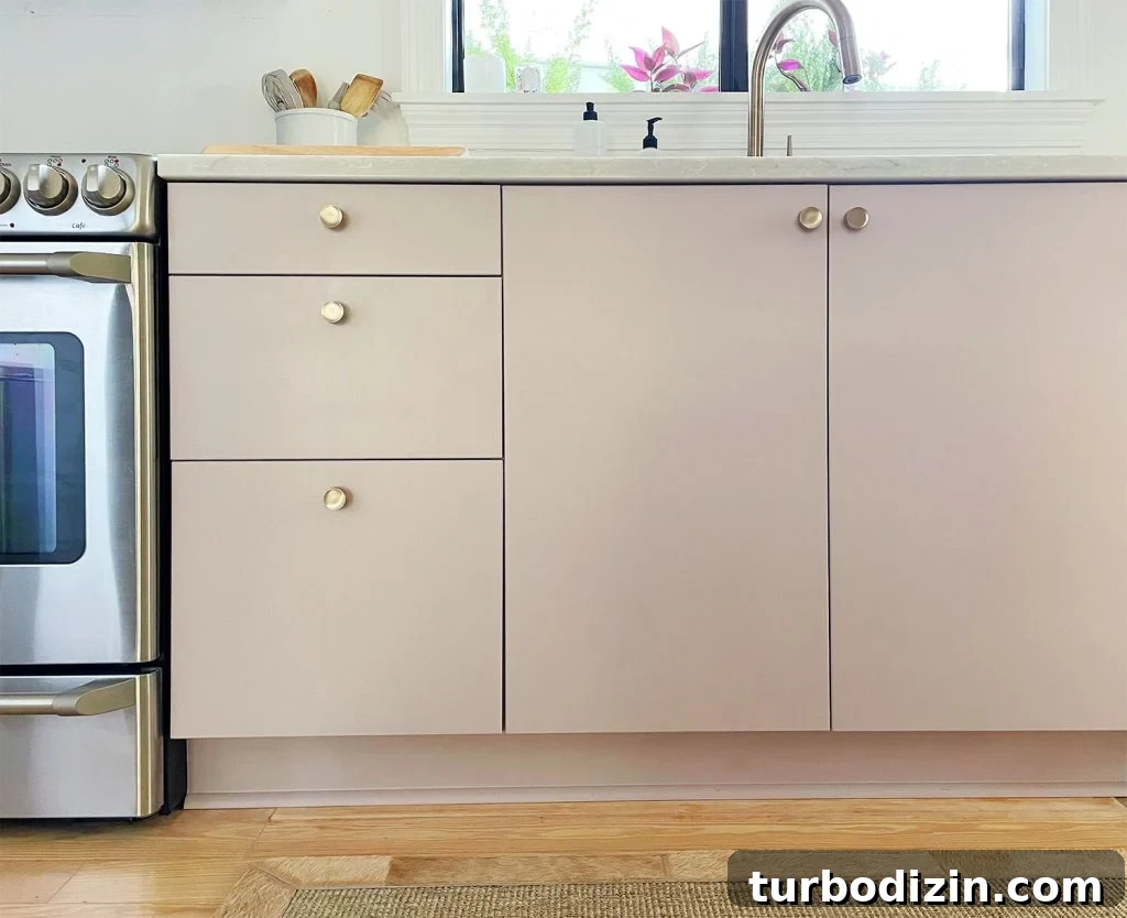 How to Paint IKEA Kitchen Cabinets Like a Pro 2 Mauve Painted Ikea VEDDIGNE Cabinets With Brass Hardware Detail