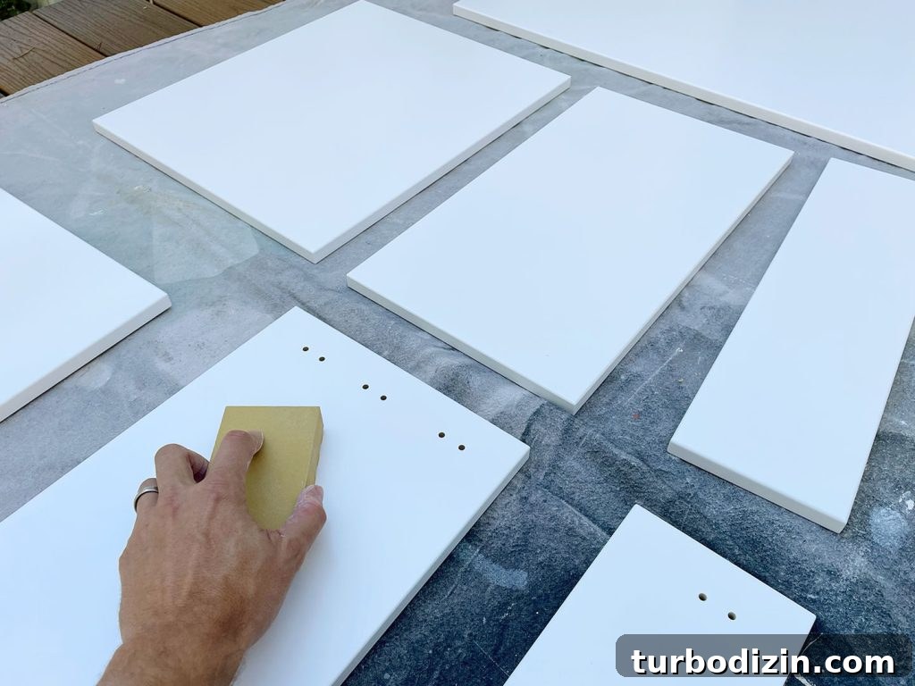 How to Paint IKEA Kitchen Cabinets Like a Pro 8 Sanding Block On Cabinet Door To Rough Up Finish