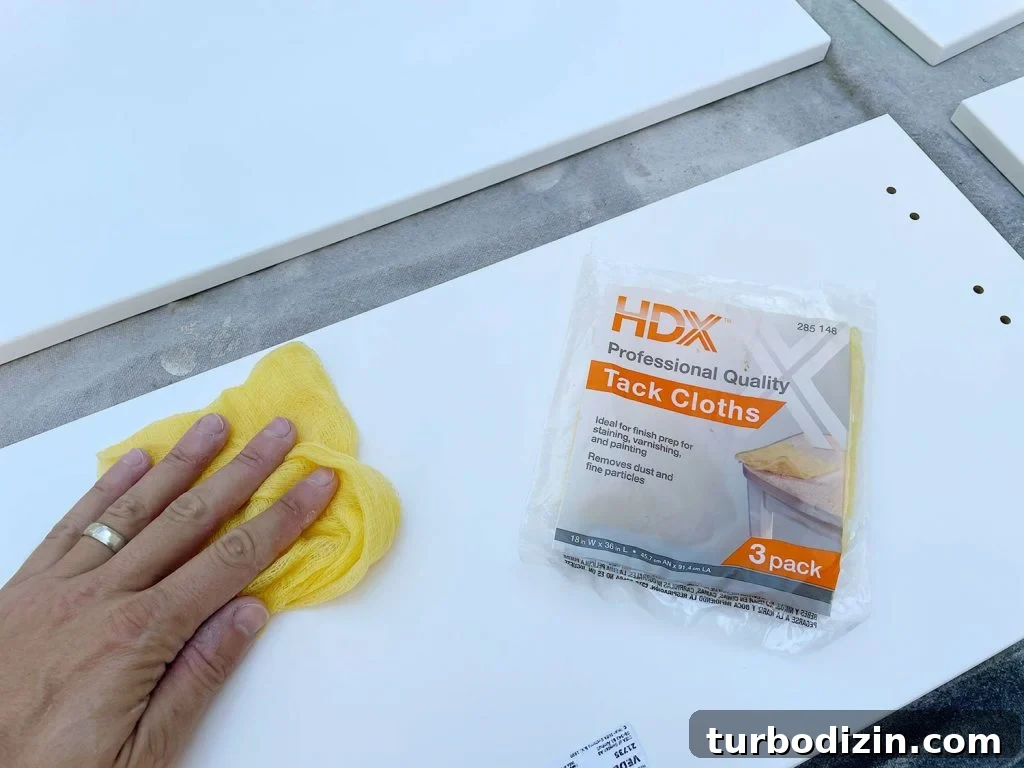 How to Paint IKEA Kitchen Cabinets Like a Pro 9 Wiping Dust Off White Cabinet Door With Tack Cloth