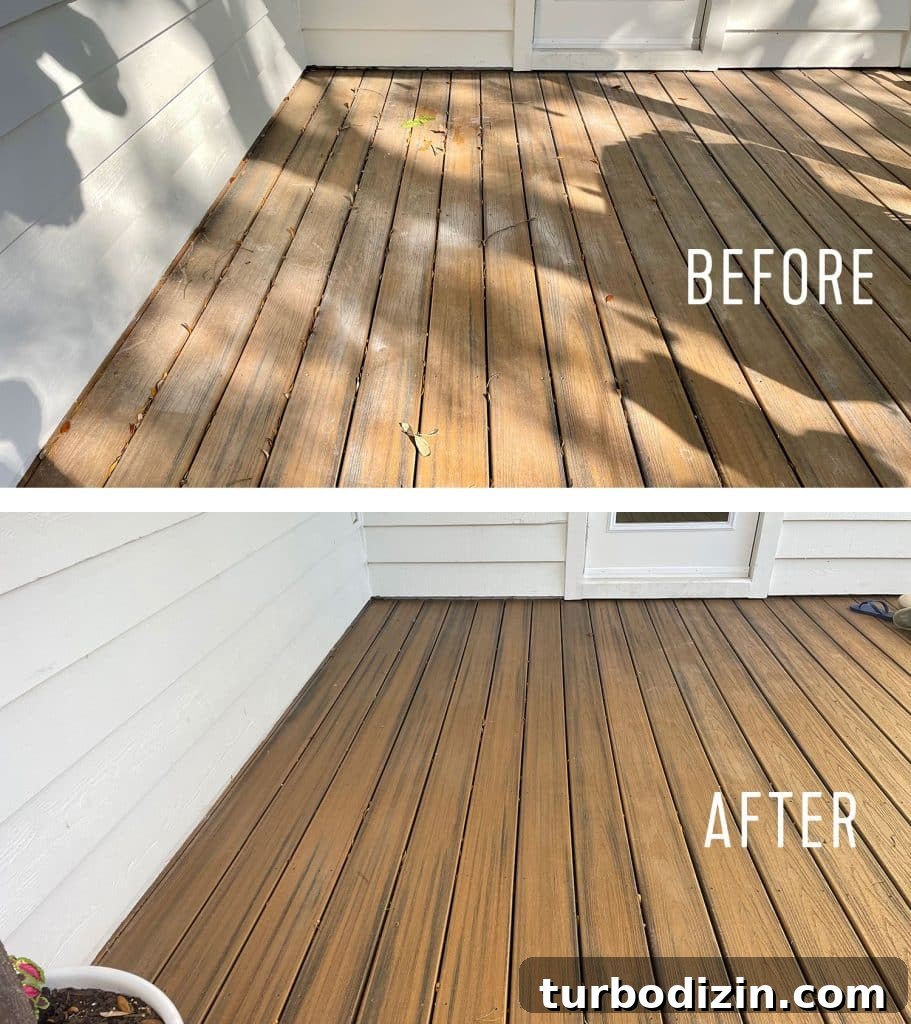 Side by Side Before And After of Pressure Washed Trex Decking
