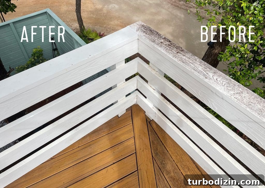Before And After of upper deck with half pressure washed railings and Trex decking