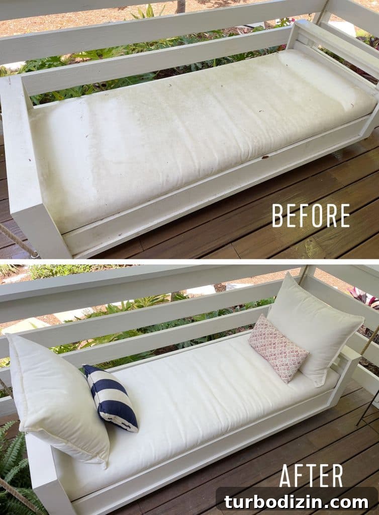 Side-by-side Before and After of Pressure Washed Outdoor Swing Cushion