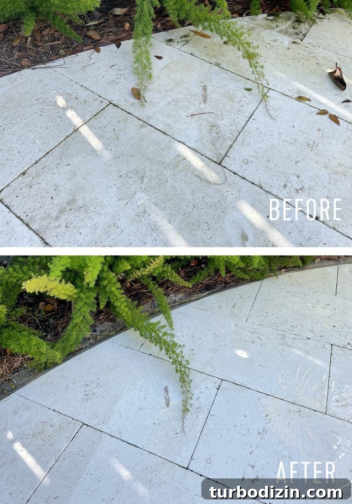 Side by Side Before And After of Pressure Washed Pool Patio Stone