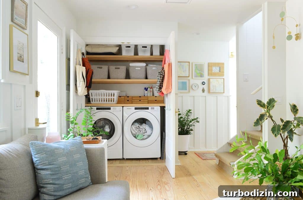 Ikea Kitchen Makeover: Smart Renovation Ideas for Small Spaces 18 View Of Open Laundry Closet Behind Seating Area In Kitchen