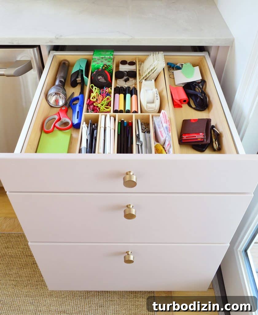 Small Ikea Kitchen Organization Ideas for Tight Spaces 8 Junk Drawer Open In Base Cabinet Of Renovation Kitchen With Ikea Wood Dividers