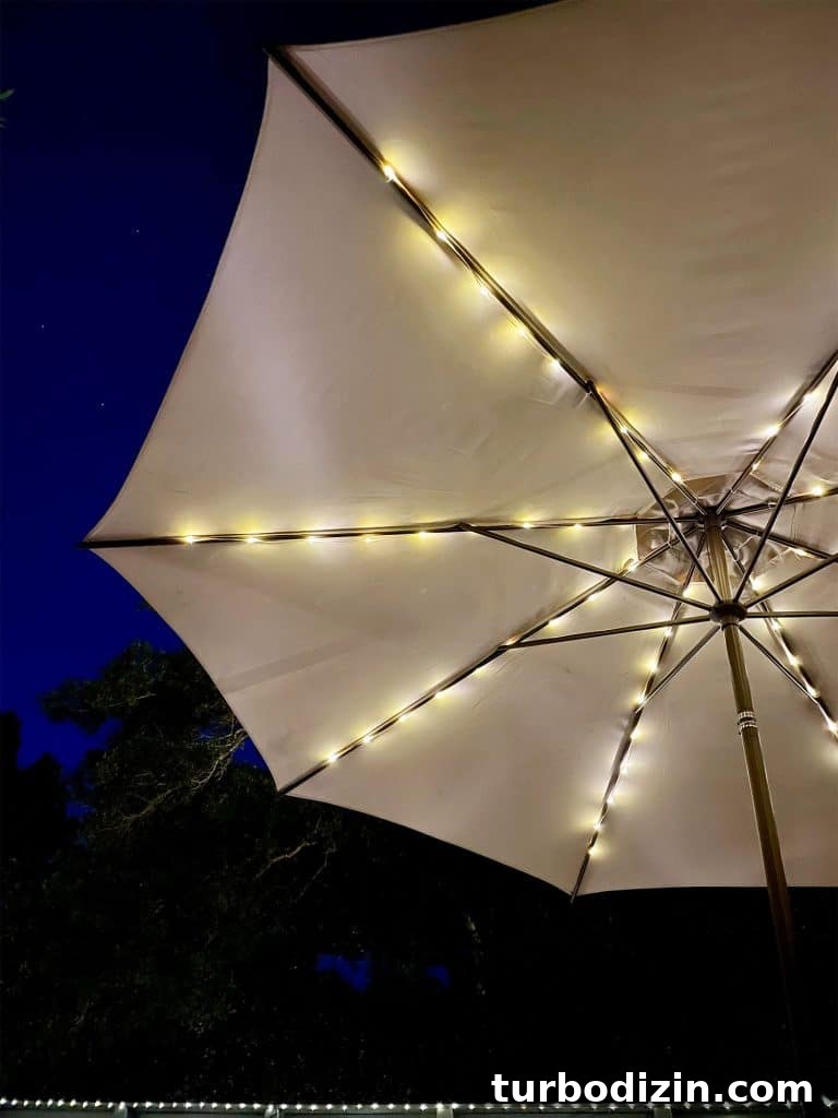 Top-Rated Outdoor Solar Lights for Bright, Reliable Yard Lighting 12 Underside Of Patio Umbrella With Solar LED Lights At Night