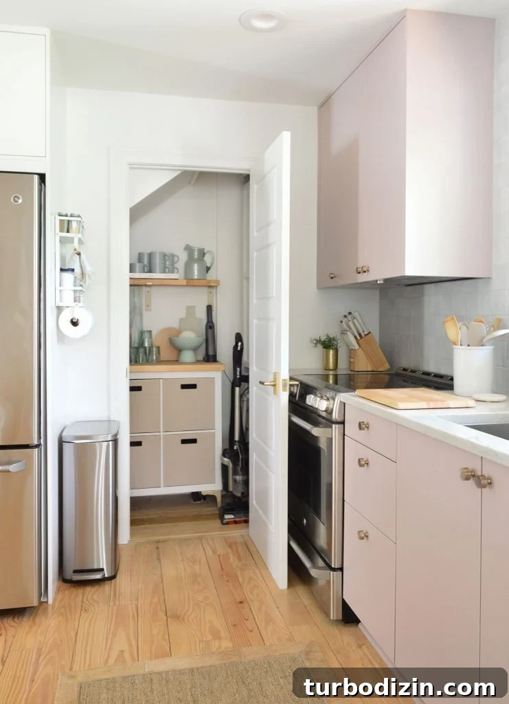 Small Utility Closet Organized With Cube Storage And Open Shelving