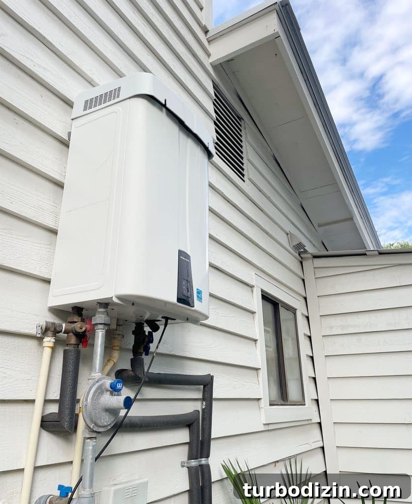 Tankless gas water heater on exterior of Florida home