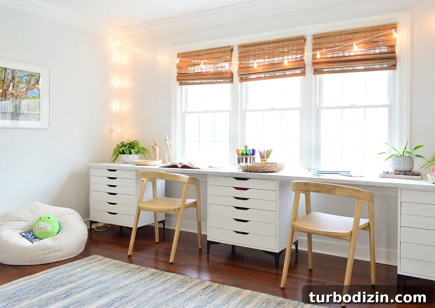 Kids Art Homework Room With Long Desk In Front of Window