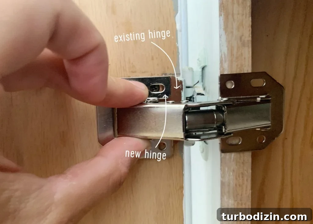 Diagram of marking holes for new hidden hinges over existing hinge