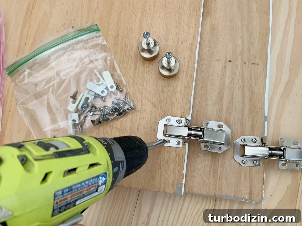 Screwing hidden hinges on backs of wood cabinet doors