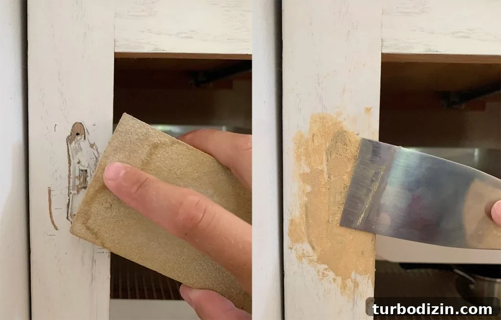Sanding and scraping wood filler onto cabinet frame to cover hinge holes