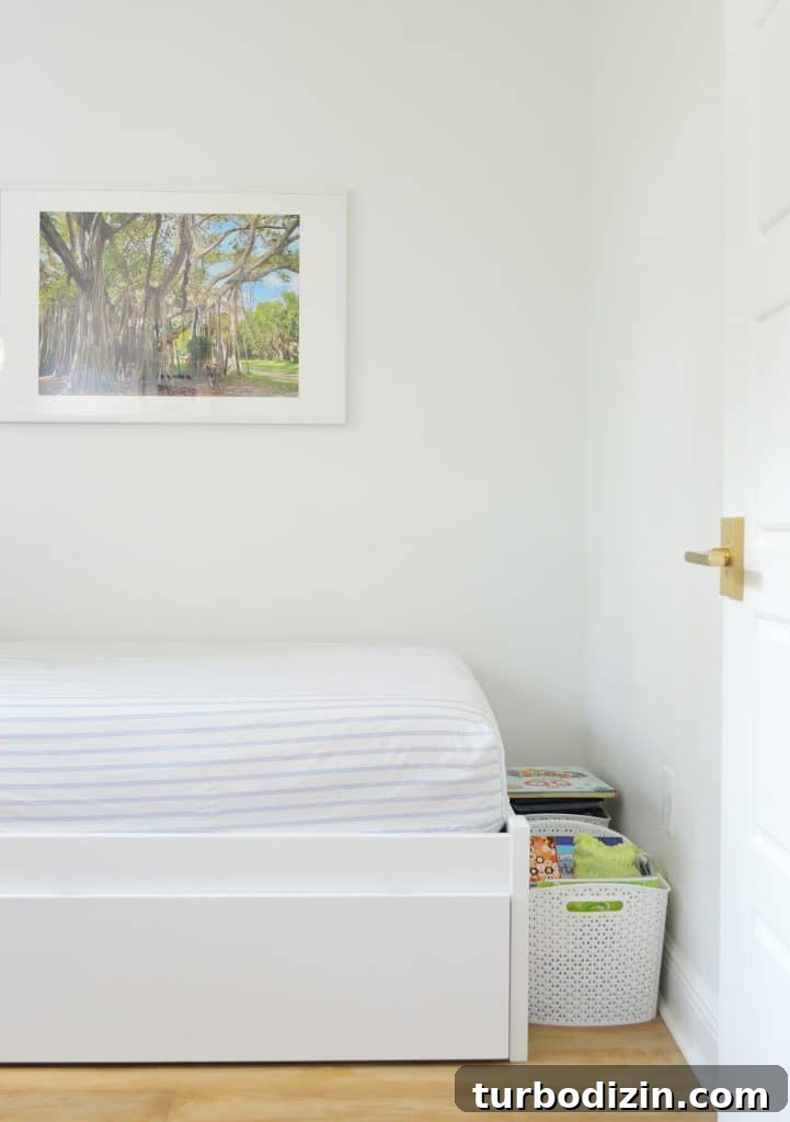 Build a Sturdy Bookshelf: Step-by-Step DIY Guide for Any Room 3 Before photo of boys bedroom with baskets on the floor near foot of bed