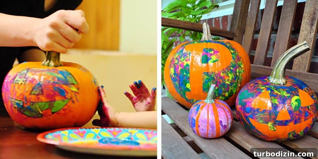6 Creative Pumpkin Decorating Ideas Kids Will Love 4 Kid Friendly Pumpkin Decorating Idea With Finger Painting Over Painters Tape Stencil