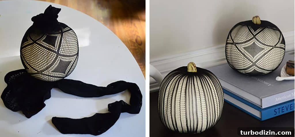 6 Creative Pumpkin Decorating Ideas Kids Will Love 7 Spooky Halloween Pumpkin Idea With Black Panty Hose Pulled Over White Faux Pumpkin