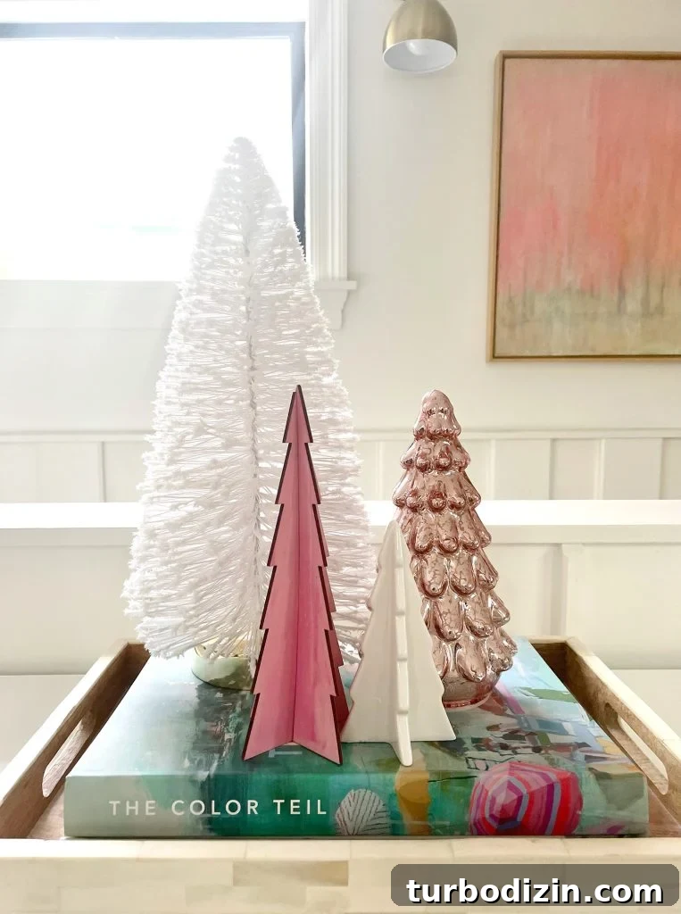 Assortment of Small Tabletop Decorative Christmas Trees Bottlebrush Wood Ceramic And Mercury Glass