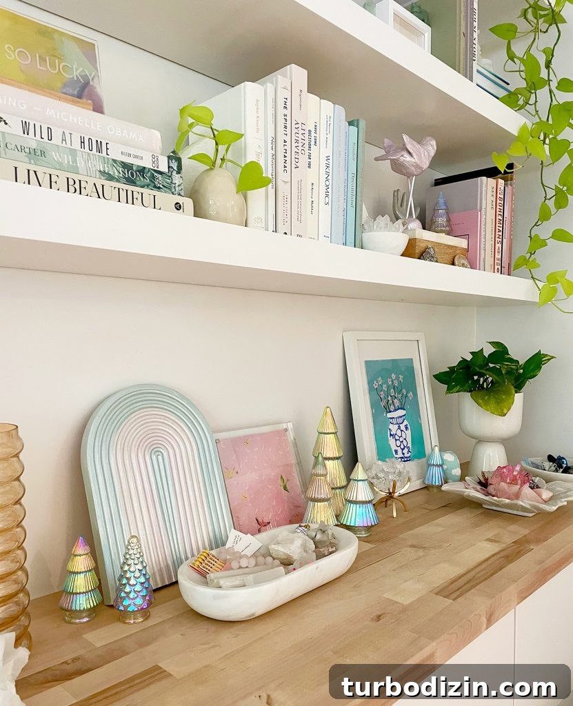 Decorated Floating Shelves With Small Decorative Iridescent Christmas Trees