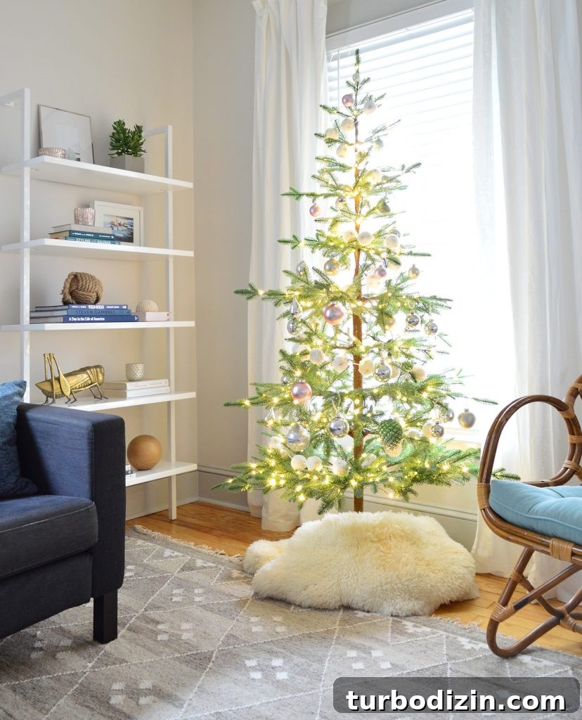 Sparse Faux Fir Prelit Christmas Tree Next To Modern Bookshelf
