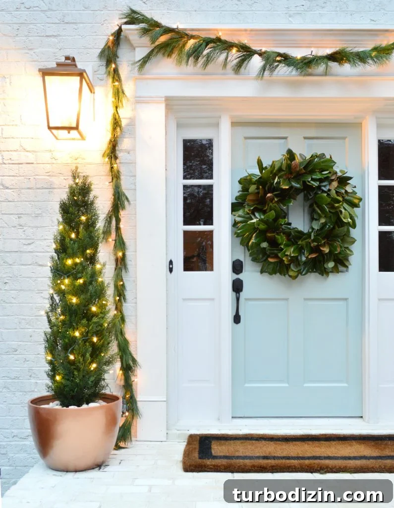 Holiday Front Porch With Magnolia Wreath and Faux Trees In Copper Pots