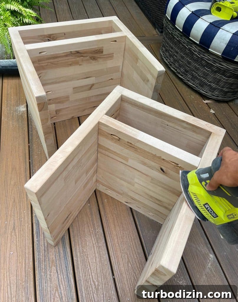 Build Stylish Modern Nightstands: DIY Step-by-Step Guide 11 Sanding DIY Butcher Block Nightstands With Mouse Sander
