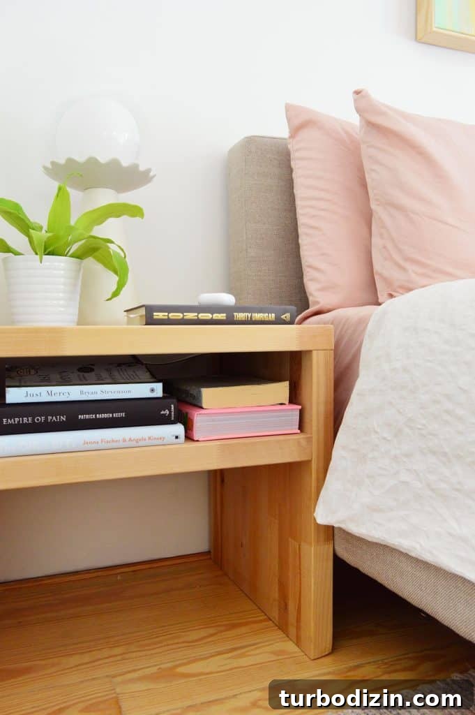 Build Stylish Modern Nightstands: DIY Step-by-Step Guide 14 DIY Butcher Block Nightstand With Single Shelf Next To Upholstered Bed