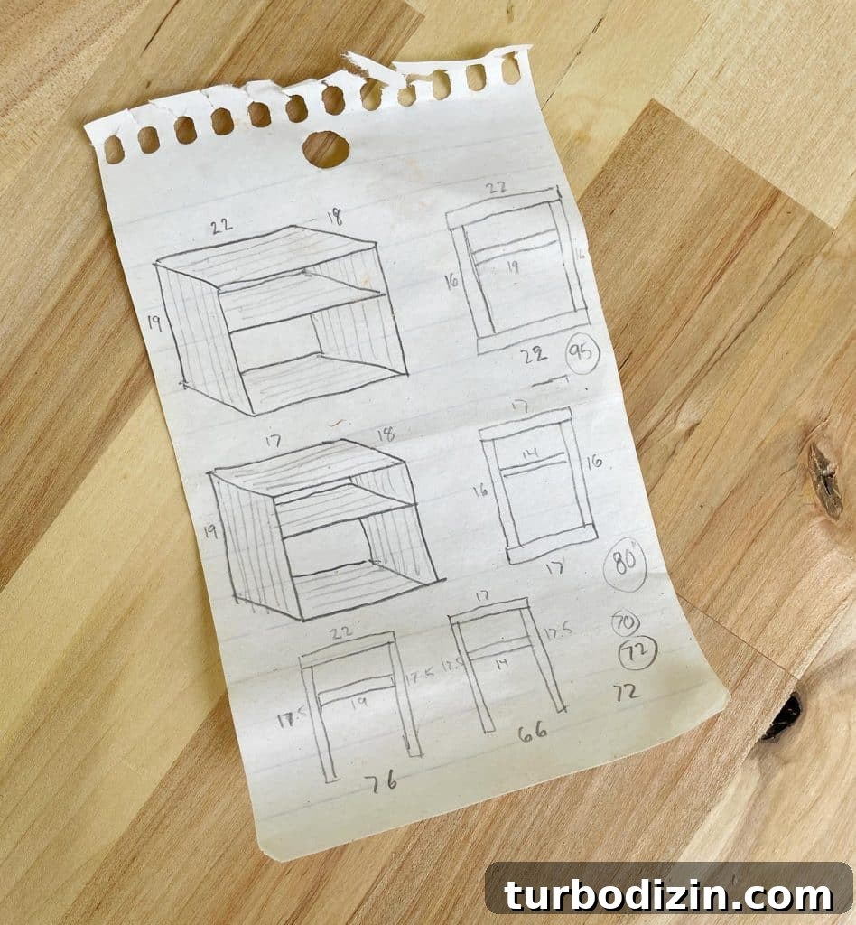 Build Stylish Modern Nightstands: DIY Step-by-Step Guide 5 Sketches Of DIY Nightstand Ideas On Notebook Paper With Dimensions