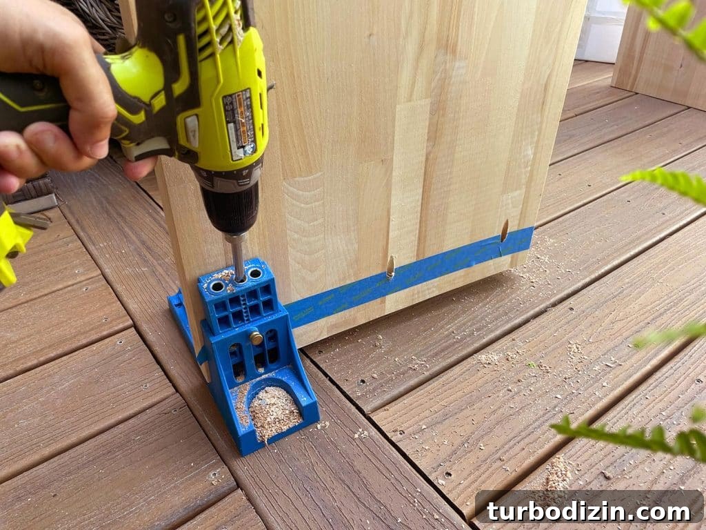 Build Stylish Modern Nightstands: DIY Step-by-Step Guide 8 Drilling Pocket Hole Into Butcher Block Using Kreg Jig