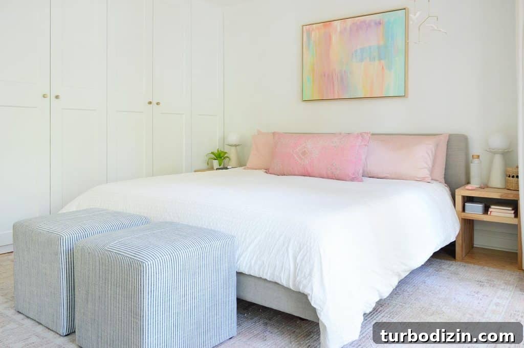 Fit a King Bed Into a Small Bedroom: Space-Saving Layouts & Tips 8 King Size Upholstered Platform Bed With Colorful Abstract Painting And Ikea Pax Wardrobes