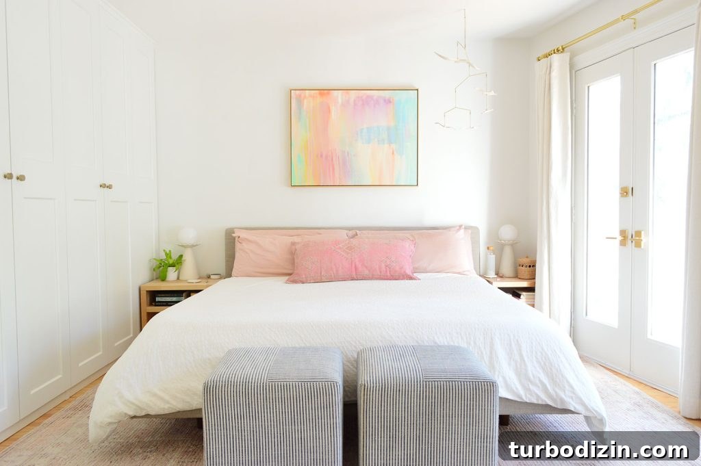 Fit a King Bed Into a Small Bedroom: Space-Saving Layouts & Tips 10 King Size Bed With White Bedding In Modern Bedroom With Striped Ottomans