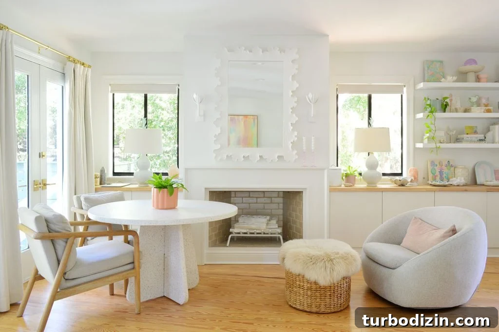 Transform IKEA Besta into Seamless Built-In Storage 18 Beachy Bedroom Side With Fireplace And Terrazzo Table