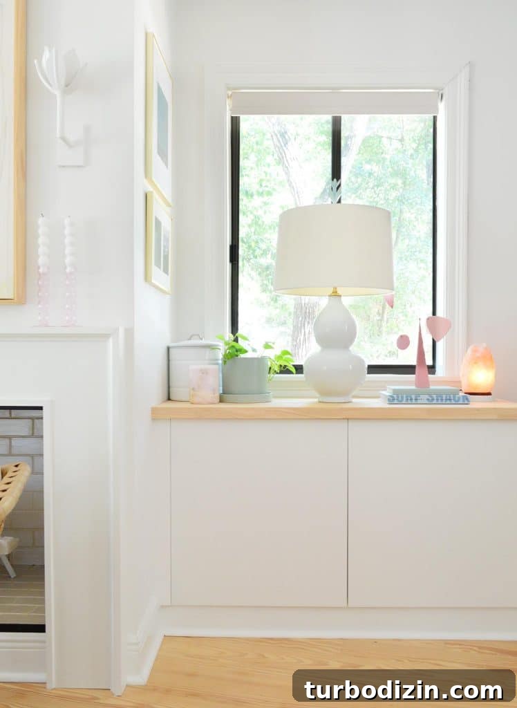 Transform IKEA Besta into Seamless Built-In Storage 5 Ikea Besta Built In Next To Fireplace With Lamp and Butcher Block Counter