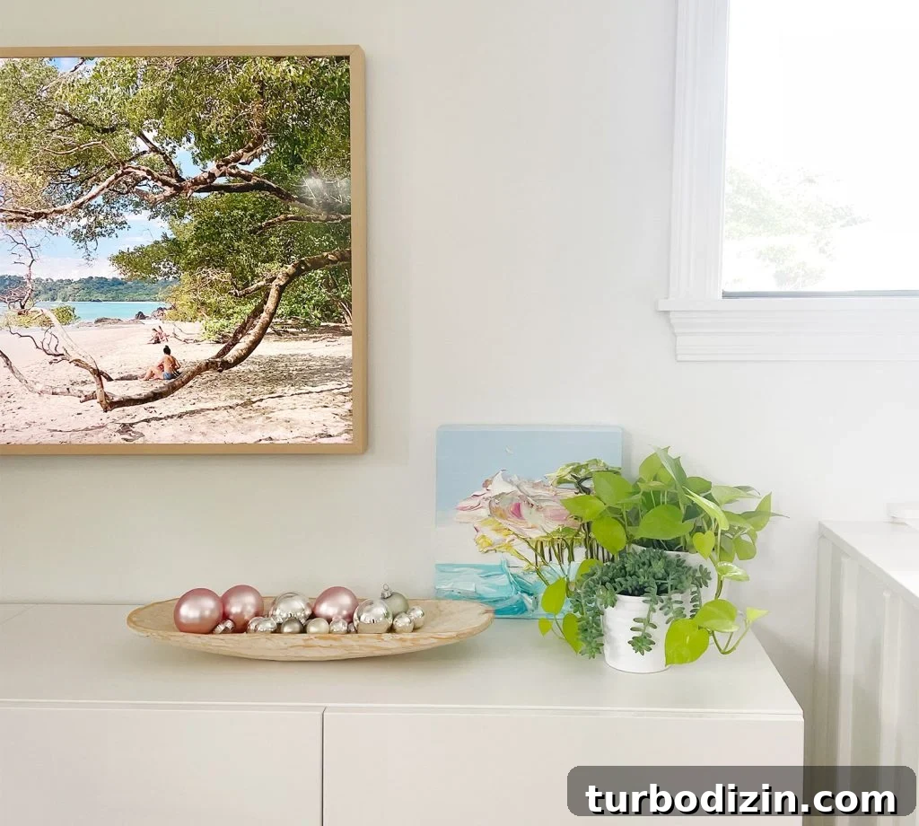 Shallow dish of ornaments as tabletop decor on media console
