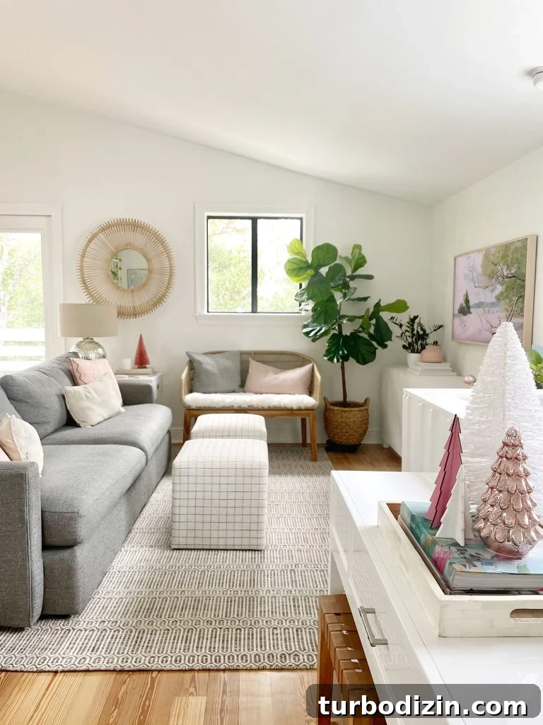 DIY Faux Sheepskin Seat Cushion: Step-by-Step Sewing Guide 2 Wide view of living room with new sheepskin loveseat and decorative Christmas trees on tabletop