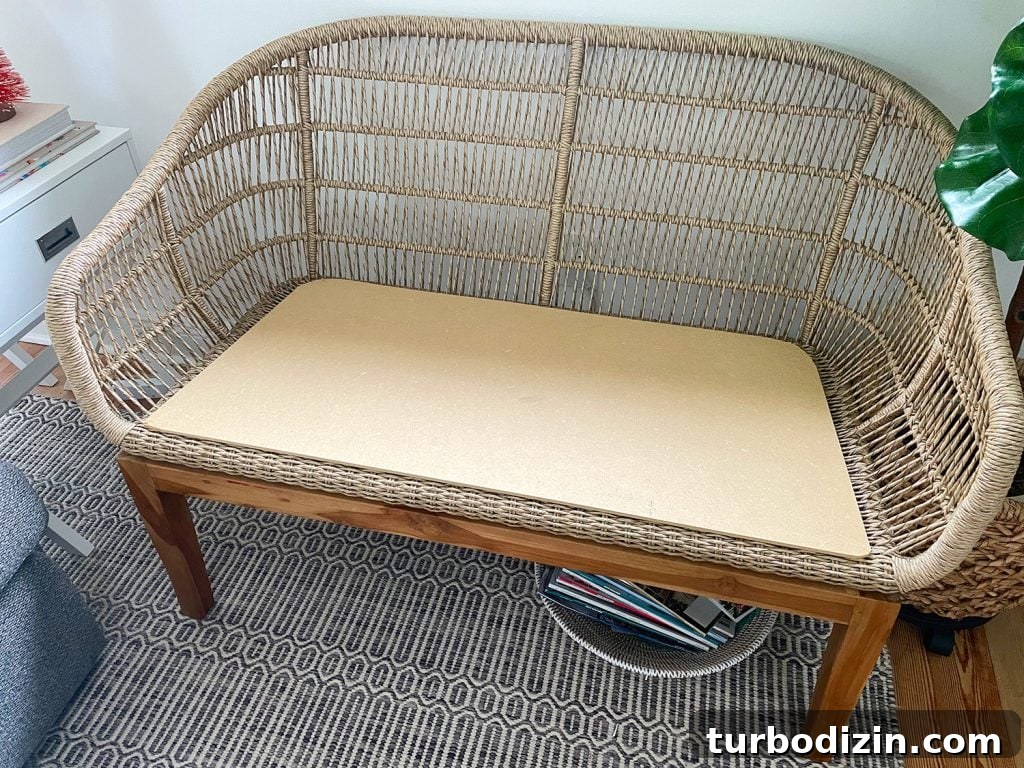 DIY Faux Sheepskin Seat Cushion: Step-by-Step Sewing Guide 4 Woven jute loveseat with DIY MDF platform base