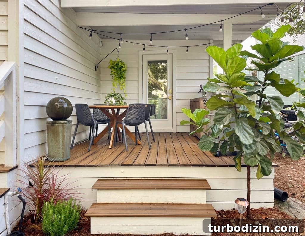 Full View of Kitchen Porch With Outdoor Table Fountain And Fiddle Leaf Fig
