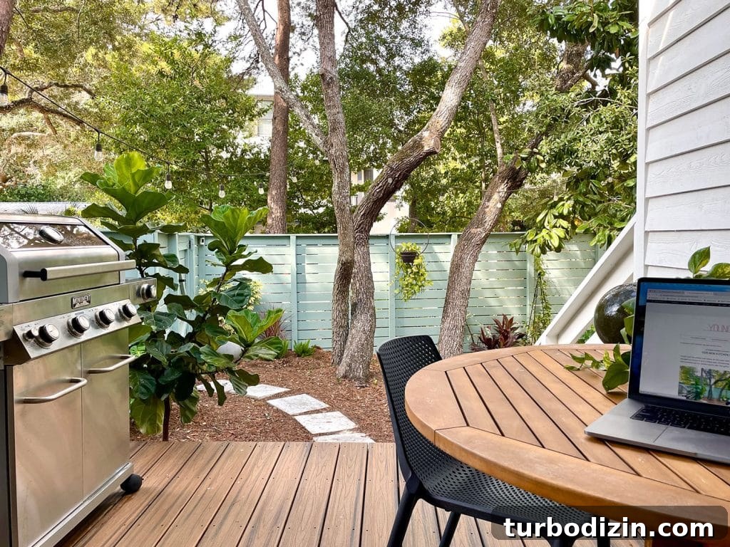 View Of Kitchen Porch With Outdoor Grill And Table With Laptop On It